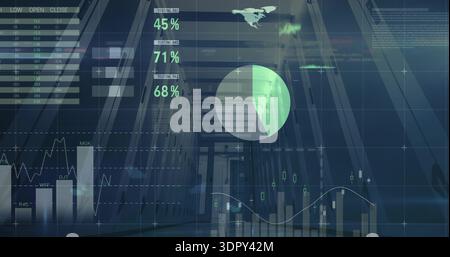 Displaying translucent HUD overlay showing analytics in data center aisle with racks, pie chart Stock Photo