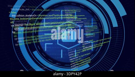 Displaying hexagonal shield with padlock glowing in cyber dashboard with HUD rings and flowing code Stock Photo