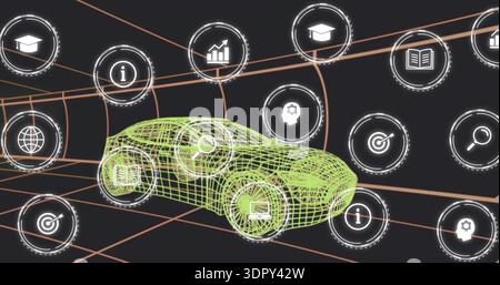 Displaying neon-green wireframe car floating on orange grid at virtual dashboard, with HUD icons Stock Photo