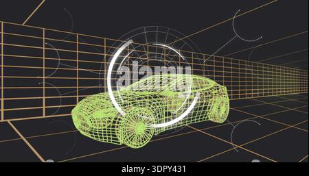 Rendering neon wireframe sports car rotating in 3D tunnel, with orange grid and white HUD rings Stock Photo