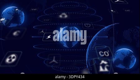 Rotating blue pointcloud globe pulsing amid concentric dotted rings and dotted grid, with CO2 HUD Stock Photo