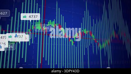 Displaying trading chart on dashboard, showing turquoise bars, green red price line and callouts Stock Photo