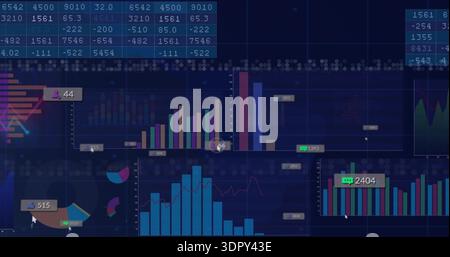 Displaying dark blue analytics screen showing bars, histogram, pie, numeric table, timeline, cursor Stock Photo