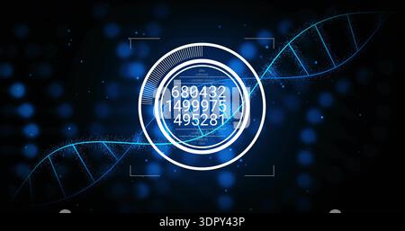 Displaying central ringed HUD showing numeric readouts and progress arc in sim lab with DNA helices Stock Photo