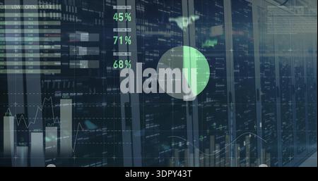 Displaying server racks in data center behind glass, projecting analytics overlays with pie chart Stock Photo