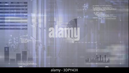 Displaying analytics dashboard filling center of control room showing pie chart table bar trendline Stock Photo