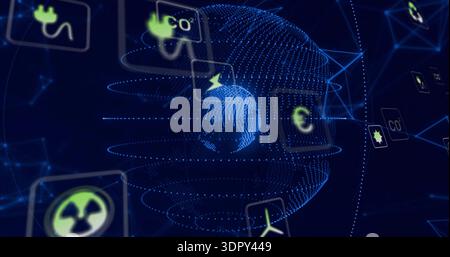 Rotating blue globe projecting dotted rings in virtual dashboard, with neon-green energy icons Stock Photo