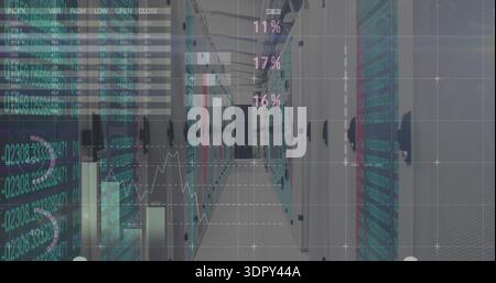 Showing server rack aisle in data center displaying LEDs, analytics, cables and handles Stock Photo