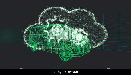Hovering neon-green wireframe van moving in virtual grid, showing particle cloud and glowing gears Stock Photo