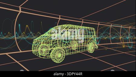 Displaying neon wireframe van rotating in virtual 3D tunnel, with orange grid and waveforms Stock Photo