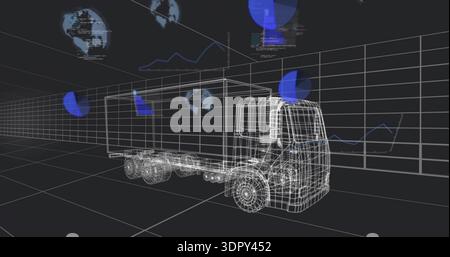 Displaying wireframe semi-truck and attached trailer model on virtual 3D grid, with HUD overlays Stock Photo