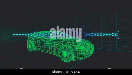 Displaying neon-green wireframe sedan model occupying teal grid tunnel, with cyan particle stream Stock Photo