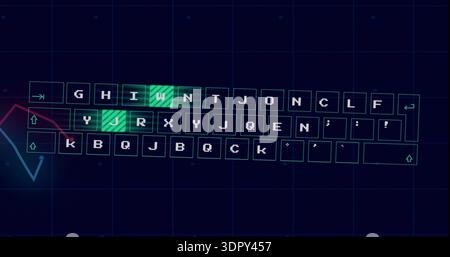 Showing virtual keyboard centering on HUD grid, displaying green keys, arrow keys, red blue graphs Stock Photo
