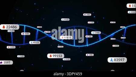 Animating blue double helix across dark dashboard, with rungs, particle points and numeric badges Stock Photo