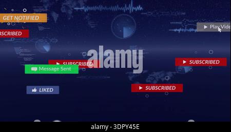 Floating notices filling navy map UI, showing red SUBSCRIBED badges and green Message Sent bubble Stock Photo