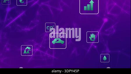 Showing central electric car icon pulsing on infographic panel, with CO2, droplet and neon network Stock Photo