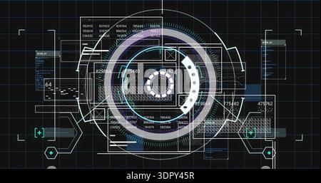 Rotating central HUD occupying center on dark grid, showing concentric rings, translucent panels Stock Photo