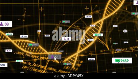 Displaying glowing golden DNA helix hovering over virtual grid plane, showing social UI badges Stock Photo