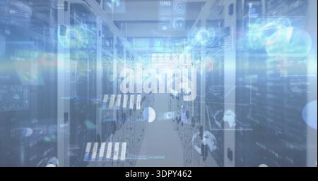 Glowing server racks showing LED status lights down central aisle, displaying holographic data Stock Photo