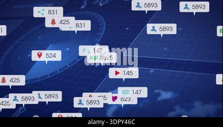 Displaying dense cluster of notification bubbles on dark blue grid, with user and message icons Stock Photo