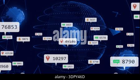 Displaying central dotted globe at virtual dashboard, projecting numeric callouts and network lines Stock Photo