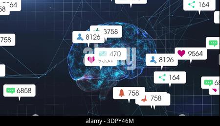 Glowing neon wireframe brain hologram hovering above navy grid with digital alerts and badges Stock Photo