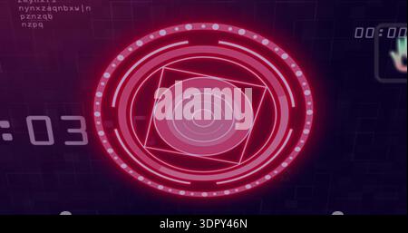 Displaying central HUD pulsing on dark grid matrix with dotted ring, diamond frame, :03 00:00 Stock Photo
