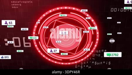 Displaying central red ringed HUD on dark grid dashboard, featuring LED ring, badge counters 00:00 Stock Photo