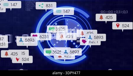 Displaying central blue concentric HUD on dark navy grid dashboard, revealing notification callouts Stock Photo