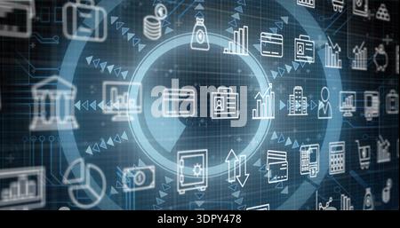 Displaying central floating finance icons on navy circuit grid, showing HUD, credit-card database Stock Photo