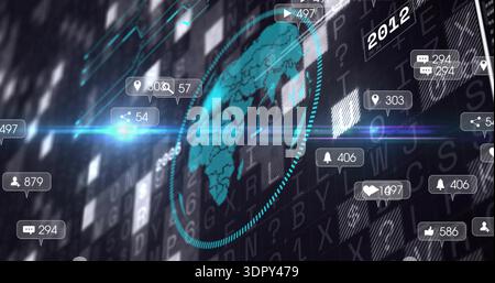 Rotating teal globe displaying floating notification bubbles and numeric badges over virtual grid Stock Photo