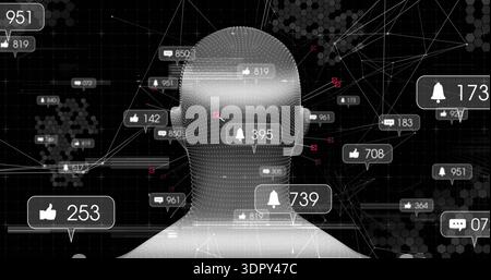 Displaying centered point cloud head glowing and linking in cyberspace, with notification badges Stock Photo