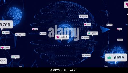 Rotating central dotted globe with rings in virtual network, showing thumbs-up badges and avatars Stock Photo