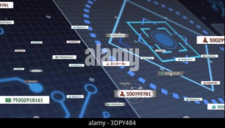 Showing central node cluster encircling numeric label 500299781 on dashboard with grid icons Stock Photo