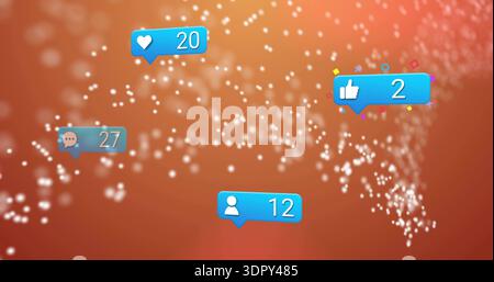 Floating social bubbles showing heart20 comment27 user12 like2 on orange-red gradient, bokeh swirl Stock Photo