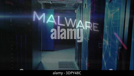 Displaying holographic MALWARE over data center aisle, showing server racks, vent, cable trays Stock Photo