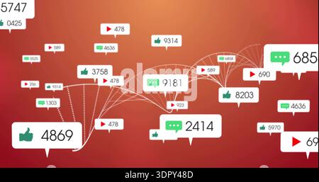 Displaying white bubbles on red-orange gradient, showing green thumbs, red play icons, counts Stock Photo