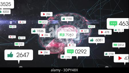 Pulsing translucent brain wireframe glowing in dark starfield, showing blue network and icons Stock Photo