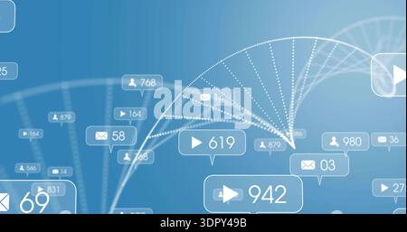 Displaying dotted helix cluster over blue gradient showing bubbles with play mail user counts Stock Photo