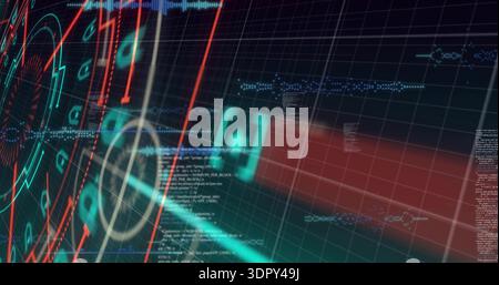 Projecting holographic HUD overlay floating on virtual grid, with concentric reticle, neon arrows Stock Photo