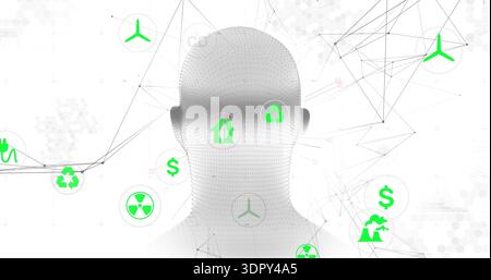 Displaying dotted mesh head silhouette hovering in digital network, showing green icons Stock Photo