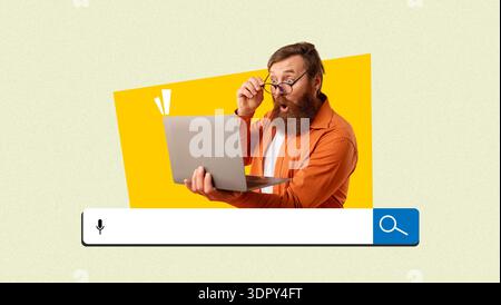 Man Looks Surprised While Browsing on Laptop in a Colorful Collage Set With a Bright Background Stock Photo