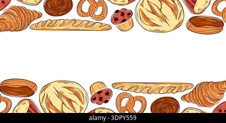 Pattern with flat style bakery product, bread, croissant, baguette and pretzel. Illustration background for bakery packaging, menu, textile and cafe Stock Vector