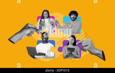 Different People Using Devices in a Collage Set That Shows Technology and Connection Online Stock Photo