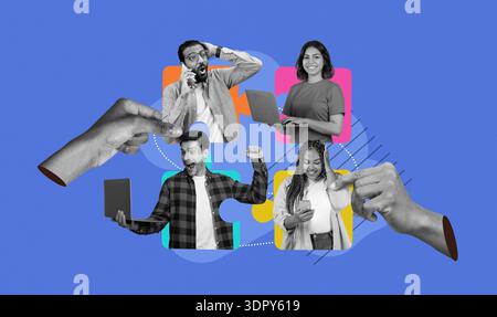 Collage of People Using Technology and Celebrating Achievements in a Vibrant Setting Stock Photo