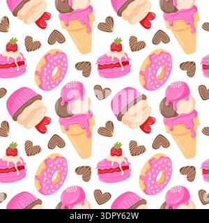 Seamless Valentine day dessert pattern with ice cream, donut, macaron and heart cookie. Cute flat illustration background for wallpaper, cards Stock Vector