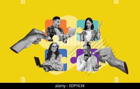 A Collage Shows a Group of Individuals Engaging in Different Activities Stock Photo