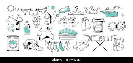 Hand drawn laundry doodle icons. Simple line art set of clothes drying rack, detergents, washing machine, iron, baskets, socks on rope, household gloves, floating soap bubbles and cleaning supplies Stock Vector