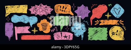 Color crayon text box shapes set. Hand drawing kids chalk speech bubble frames with grunge texture. Childish doodle talk balloons in sketch style. Comic border, dialog chat with symbols on chalkboard Stock Vector