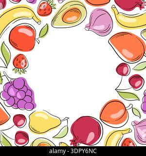 Fruit wreath illustration with apple, banana, pear, avocado, grape and cherry in flat style. Decorative circular frame on white background for healthy Stock Vector